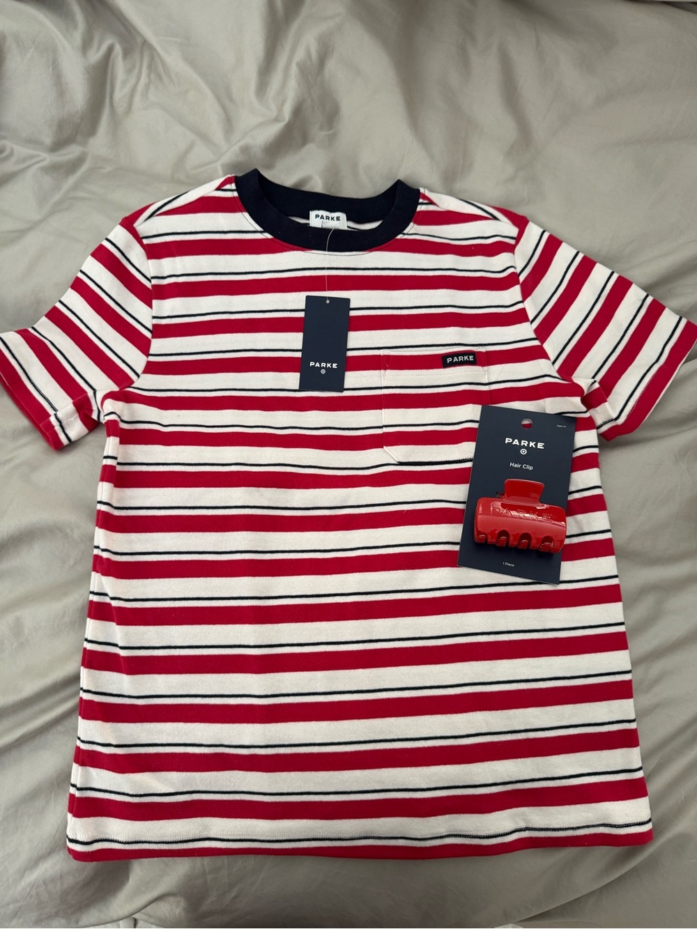 Parke Red & White Striped Short-Sleeve Tee plus matching claw clip